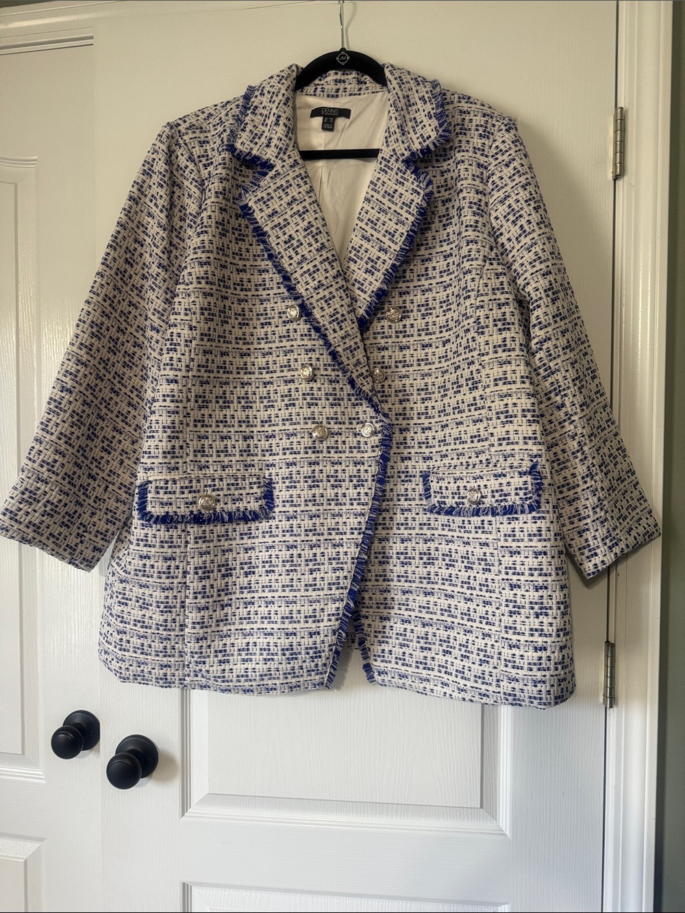 Dennis by Dennis Basso Blue & White Tweed Double-Breasted Blazer Size 28W